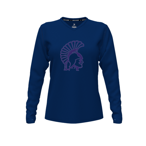 [CUS-DFW-TEES-CMF-VNK-LSL-NVY-FYXS-LOGO1] Decker Comfort T-Shirt (Female Youth XS, Navy, V Neck, Logo 1, Long Sleeve)