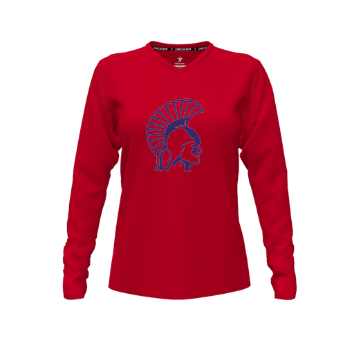 [CUS-DFW-TEES-CMF-VNK-LSL-RED-FYXS-LOGO1] Decker Comfort T-Shirt (Female Youth XS, Red, V Neck, Logo 1, Long Sleeve)