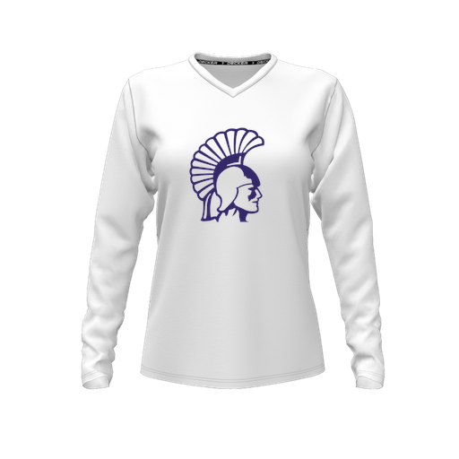 [CUS-DFW-TEES-PER-VNK-LSL-WHT-FYXS-LOGO1] Decker Performance T-Shirt (Female Youth XS, White, V Neck, Logo 1, Long Sleeve)